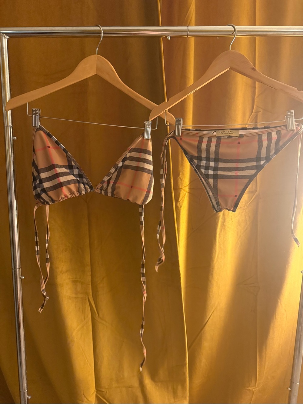 Burberry Beige and Black Check Bikini top and Bottoms with Red Accents